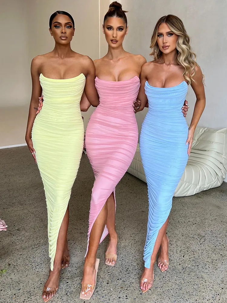 WeiYao Robe longue moulante pour femme – Robe de soirée en maille sans bretelles sans manches fendue en club – Rose