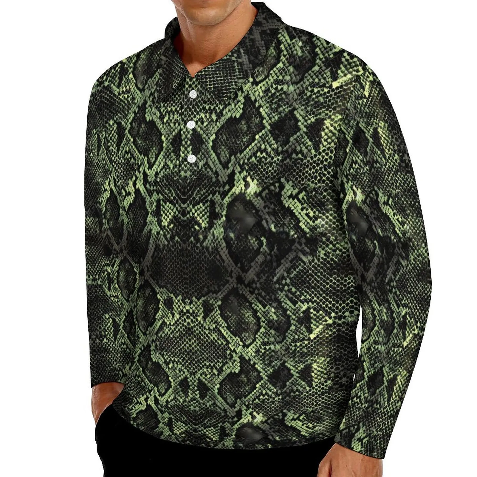 Polo da uomo Polo in pelle di serpente verde Uomo Divertente Camicia casual con stampa animalier Primavera Novità Colletto rovesciato Manica lunga Magliette oversize 230808