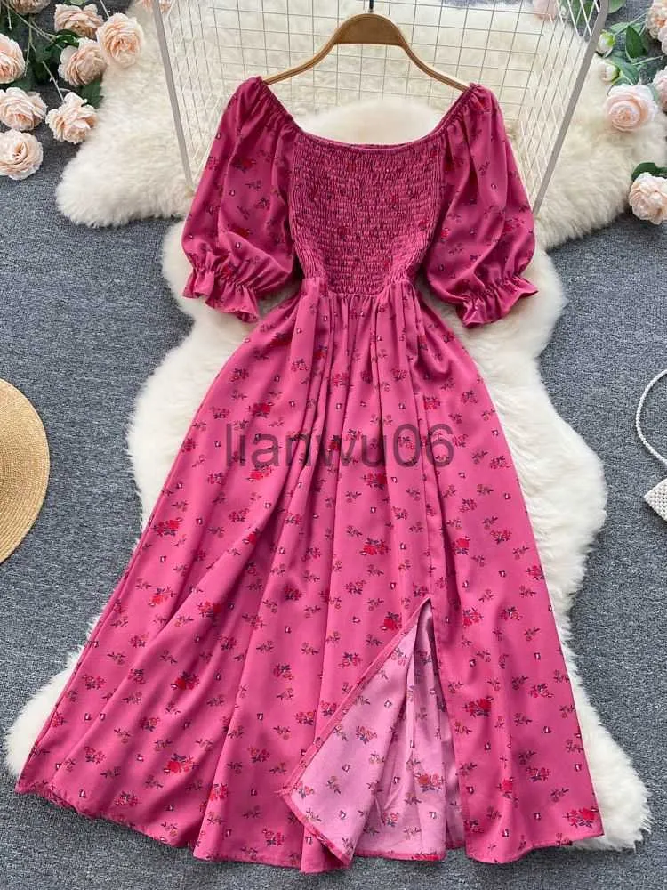 Podstawowe sukienki swobodne Yuoomuoo Szybka wysyłka sukienka Kobiety Moda Romantyczna kwiatowy nadruk Podzielone letnia sukienka Puff Sleeve Party Korean Vestidos J2308009