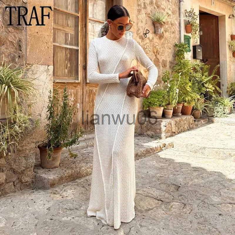 Основные повседневные платья Traf Crochet Long Dress Женщина кружевные вязаные платья для женщин видят через макси -платье с длинным рукавом пляж Летние платье Женщины J2308009