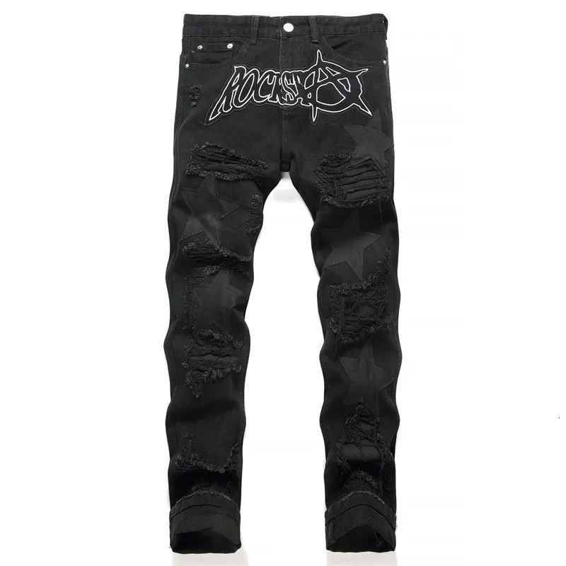 Heren Jeans Black Ripped Applique Geborduurde Punk Style MidRise Slim Pencil Pants Fashion Streetwear 230809