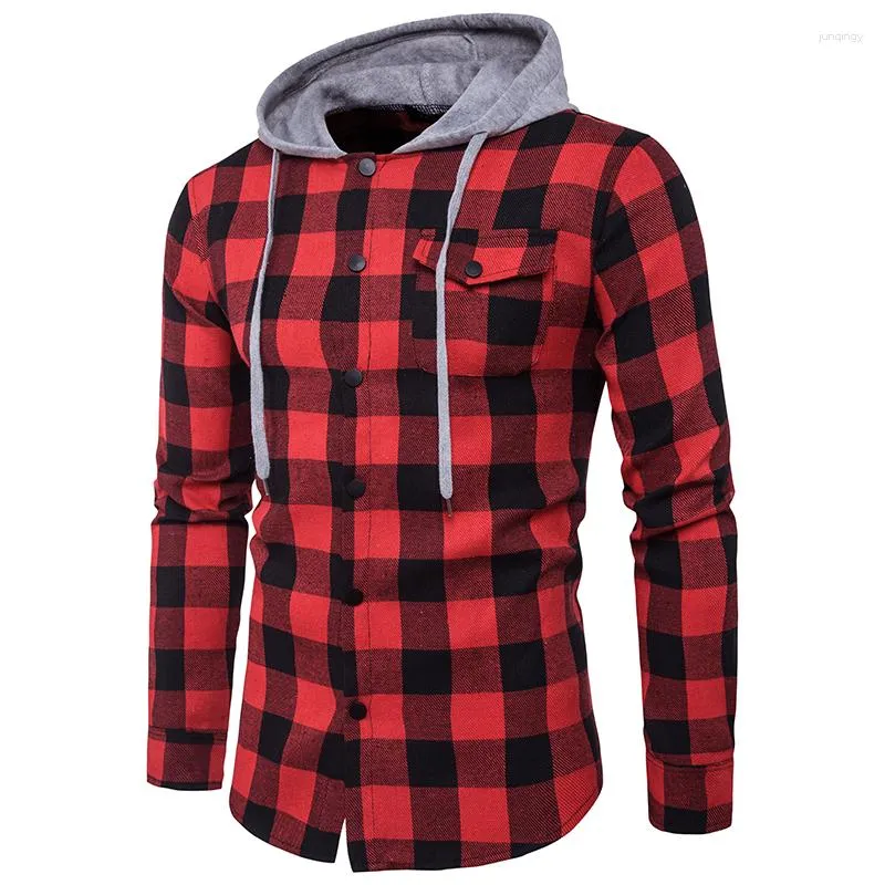 Men's Dress Shirts Red Black Plaid Hooded Shirt Men Long Sleeve Slim Fit Casual Checkered Hoodies Mens Pocket Button Front Chemise Homme