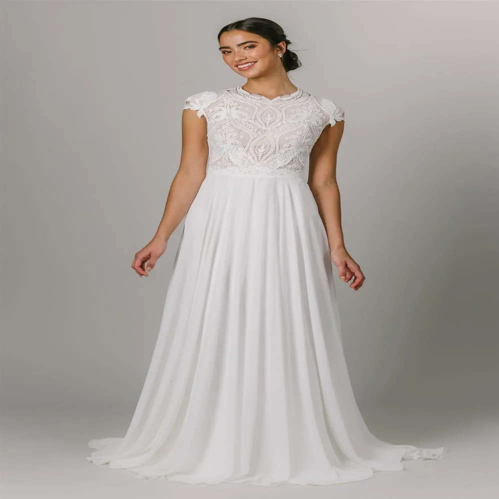 2021 البسيطة A-line Lace Chiffon Boho Modest Dorted Dressy Wedding Dress Summer LDS Beach Bride Rets217C