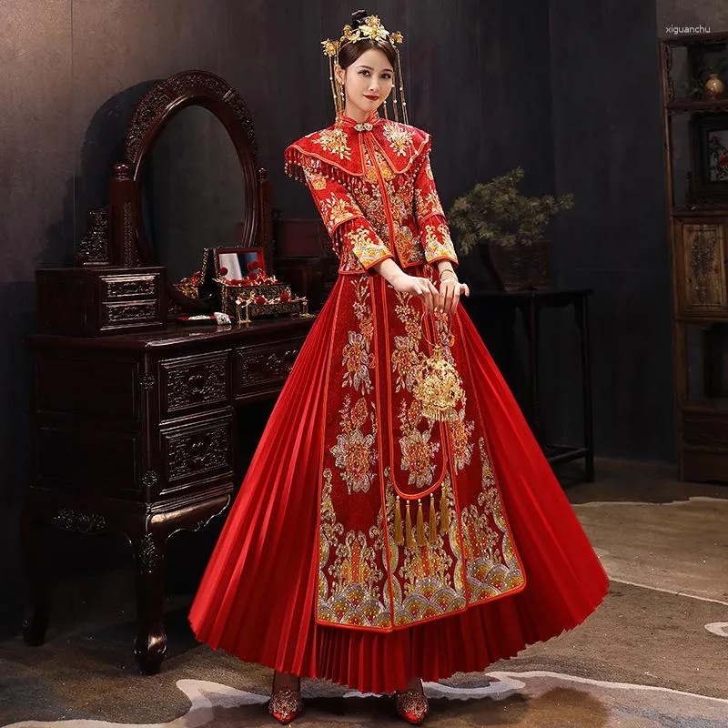 Ethnic Clothing Oriental Lady Handwork Beaded Qipao Traditional Chinese Wedding Dress Vestidos Vintage Asian Bride Marriage Cheongsam