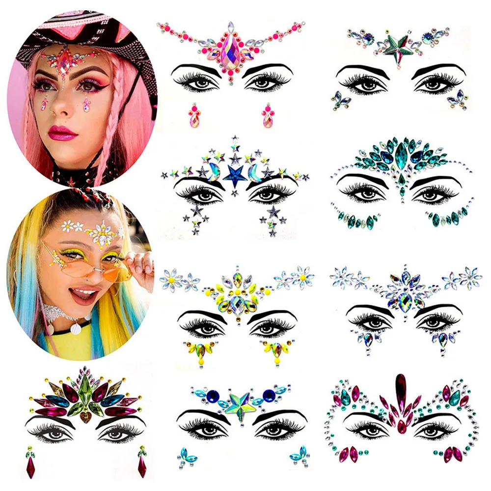 Блеск тела 9 Set 3D Face Crystal Jewels Tattoo Sticker Fashion Gems Gypsy Festival Festival Party Party Makeup Makeup 230808