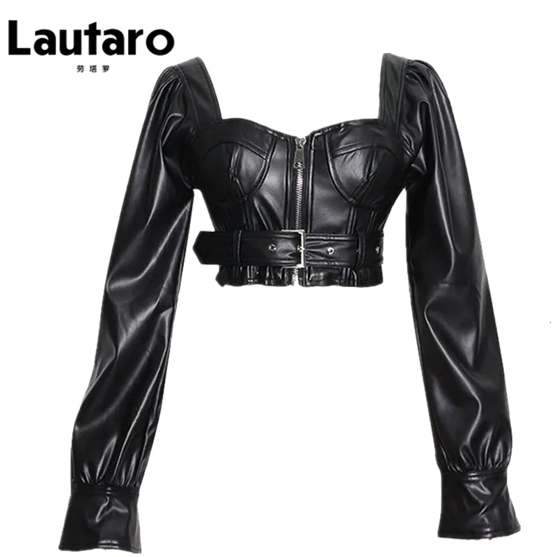 Женские куртки Lautaro Y2K Black Faux Leather Top Top квадратная шея на молнии