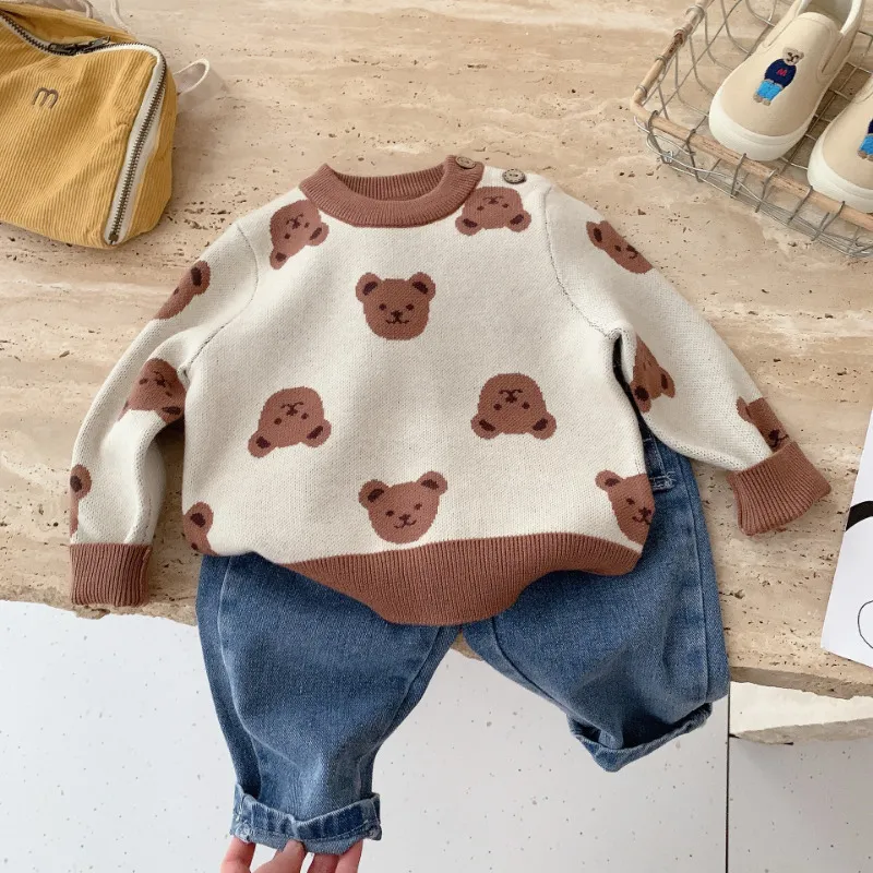 Pullover Spring Kids Sweater Baby Girls cartoon Bear Knitwear Tops Boys soft loose knit 230809