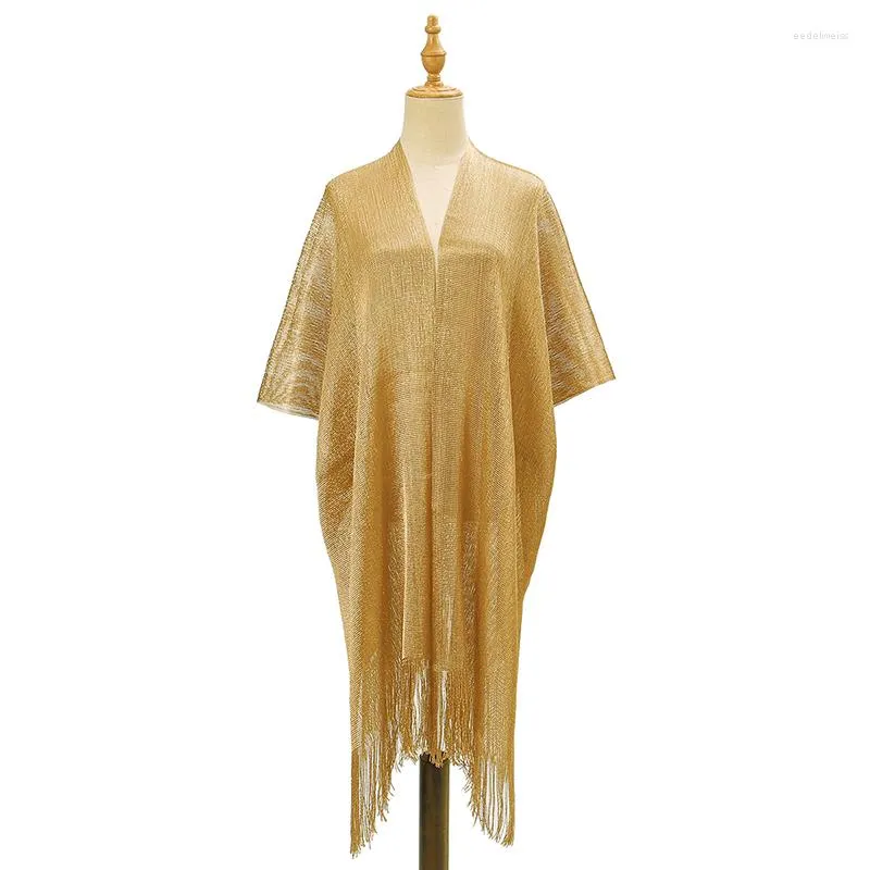 Scarves Sexy Fringe Tassel Mesh Sheer Shiny Knitted Tunic Beach Cover Up Party Cover-ups Long Beachwear Female Women Sunscreen Stoles