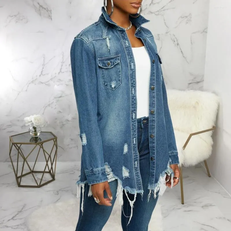 Vestes pour femmes Denim extérieur Y2K couleur unie col haut avec une rangée de boutons usés et veste de personnalité asymétrique