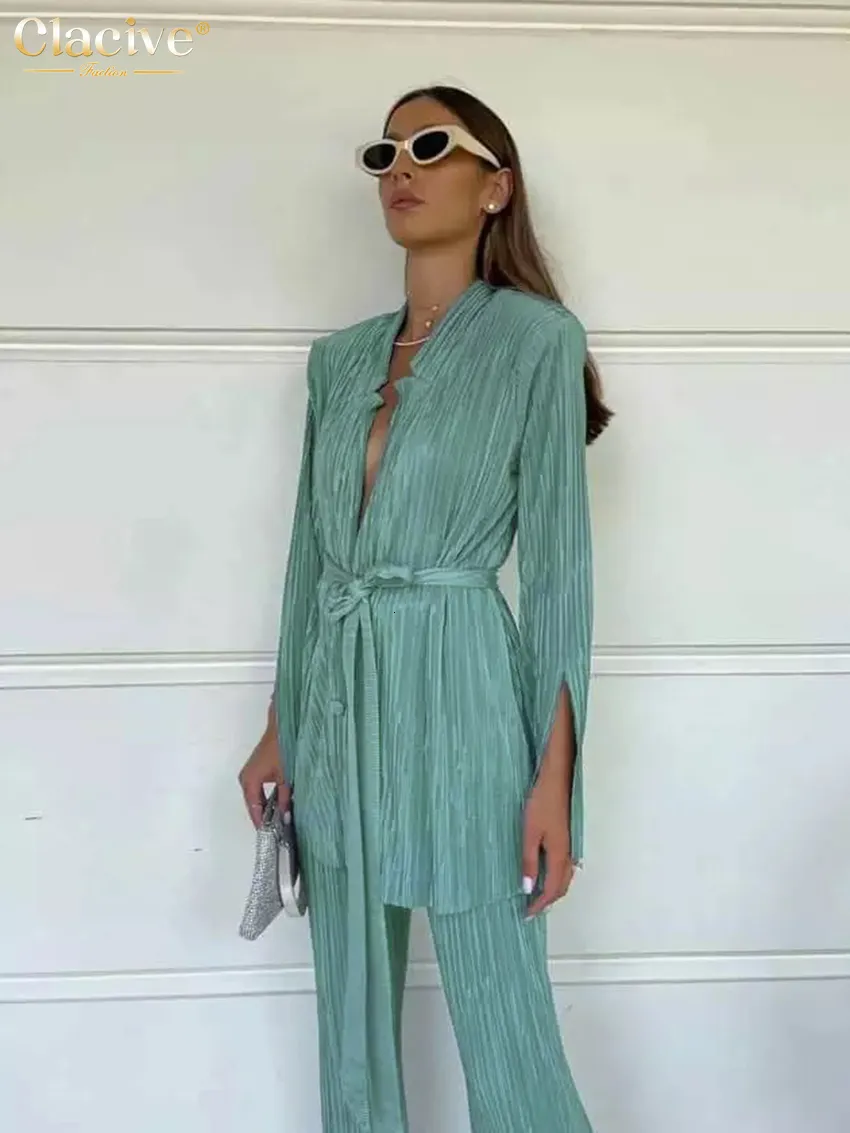 Women s Suits Blazers Clacive Autumn Green Pleated Pants Set Bodycon Slit Trosuer Fashion Lace Up Long Sleeve Blazer 2 Piece Set s Outfits 230809