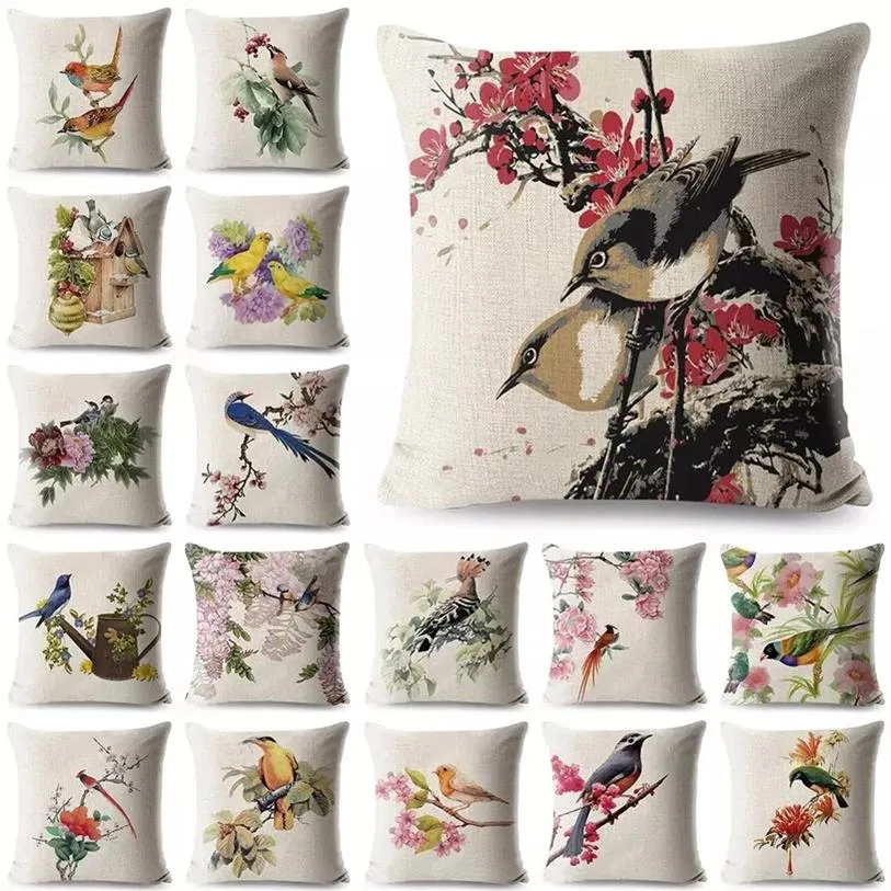 Vintage fleur oiseau coton lin housse de coussin jeter taie d'oreiller canapé salon siège maison decoration274O