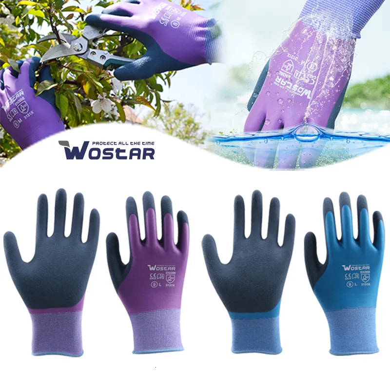 Gants de nettoyage Travail Violet Polyester Gris Latex Gant Wostar Protection pour le travail Jardin Durable Antidérapant Imperméable Jardinage 230809