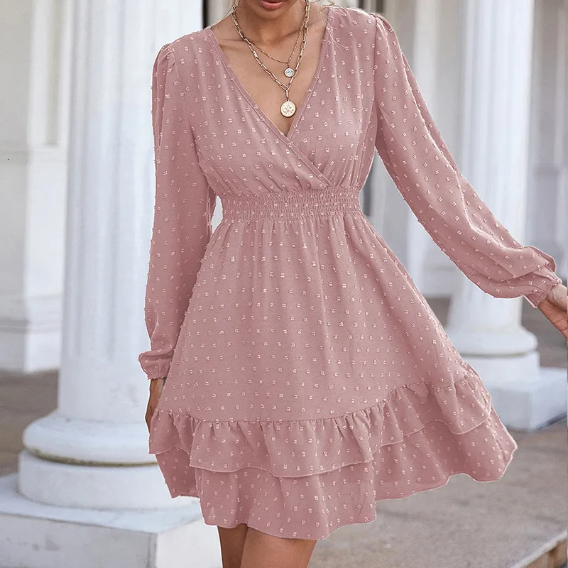 Urban Sexy Kleider Damen Frühling und Herbst Rosa A-Linie Chiffon Mode Kleider V-Ausschnitt Taille Rüschen Frau Absicherung Laterne Langarm Kleider 230809