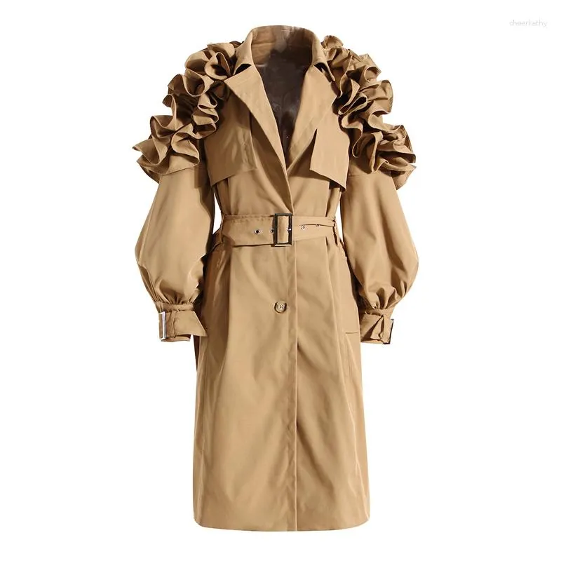 Trench da donna Cappotto lungo sottile cachi nero con decorazione a volant con cintura OL Outwear