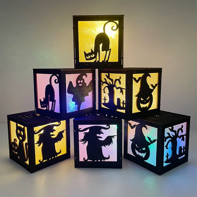 Halloween Ornaments Led Lights Wooden Square Box Horror Pumpkin Ghost Witch Night Lamp For Home Halloween Scary Party Decor Prop