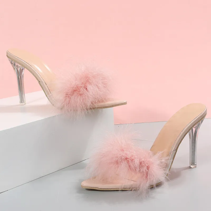 Pink Peep para mujer Toe de plumas puntiagudas puntiagudas sexy en toboganes transparentes Tobrones de tacones de mujeres Calzado de verano 230808 3132 S