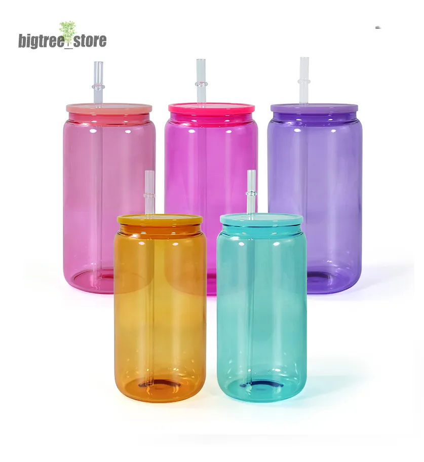 16oz Sublimation Glass Jar Beer Mugs with colorful lids Can Shaped Glass Cups Beer Can Glass Tumbler Drinking Glasses And Reusable Straw five colors