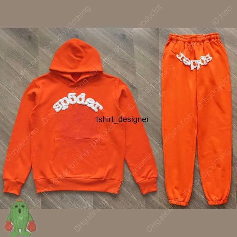 Sp5der 555555 Sudadera con capucha Young Thug Chándal con estampado de espuma 3d 555555 Sudaderas con capucha Spider Web Six 5 Naranja Sudaderas con capucha Conjunto de pantalones de chándal