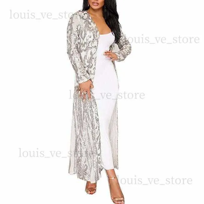 Sexiga Clubwears Women Sequined Cardigan Coat for Party Club Night Cocktail Prom Spark Duster Open Front Outwear Paisley Mönster Long Hleeves T230809