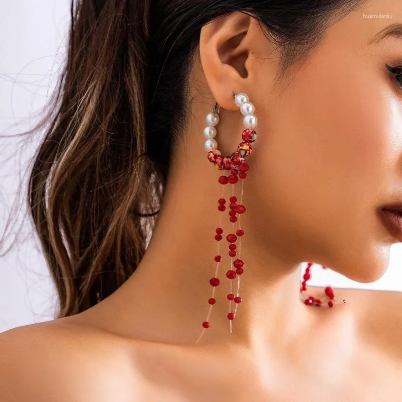 Boucles d'oreilles cerceau WANZHI créativité saignement perle pour les femmes mode Long cristal glands boucle d'oreille Halloween fête bijoux cadeau