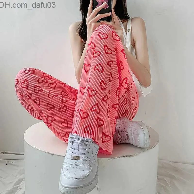 Pantalones de mujer Capris Pink Heart Shaped Pants Folding Casual Women's Thin Summer 2023 Pantalones de pierna ancha Nuevo OL Pantalones casuales de corte recto de cuerpo entero Z230809