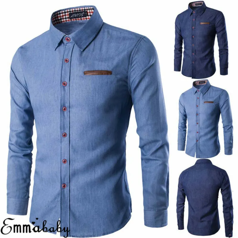 Herrklänningskjortor märke mäns casual smal fit stilig tvätt denim långa ärmar jeans skjortor smarta casual mode män kläder m-xxxl 230808