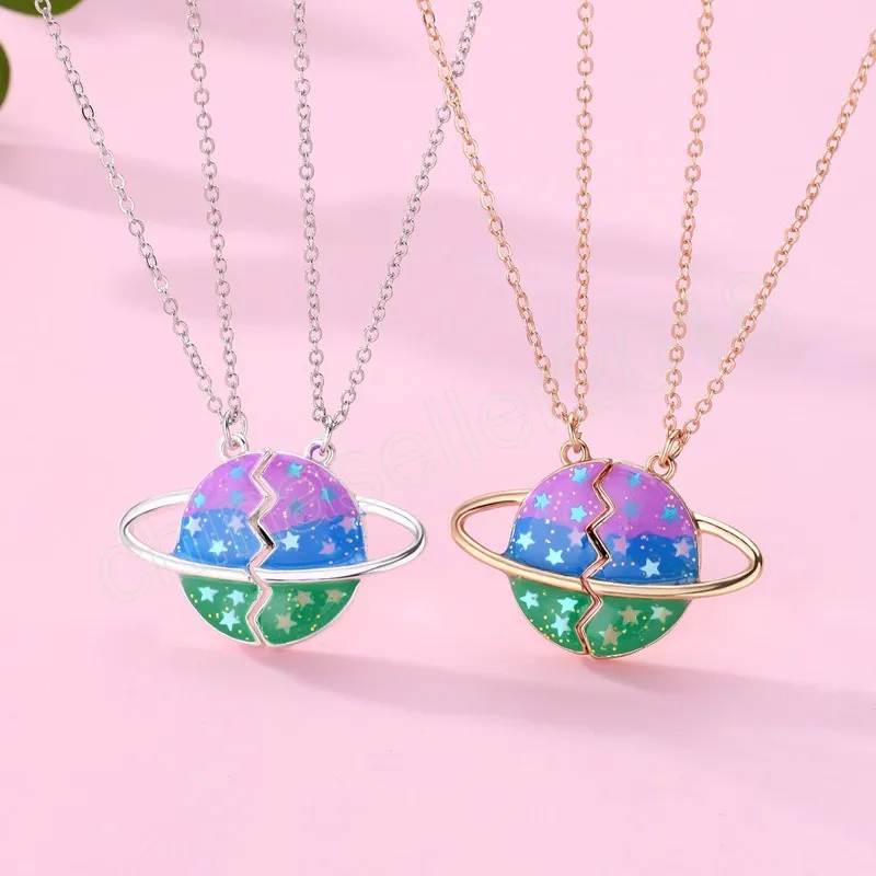 2st/set Saturn Necklace Pendant Chain Halsband Friendship Children's Jewelry Gift for Girls