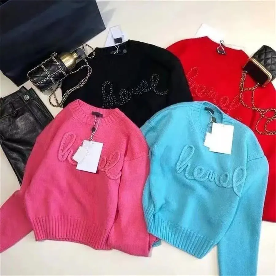 2023 Letter Embroidery Handmade Beaded Pearl Inlaid Elegant Round Neck Loose Short Knitted Sweater Women.S-XL