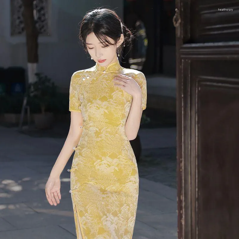 Abbigliamento etnico 2023 Giallo Elegante Cheongsam Migliorato Ragazze Estate Giovane Signora Cinese Qipao Abito Lungo Abito Chinoise Femme Sexy