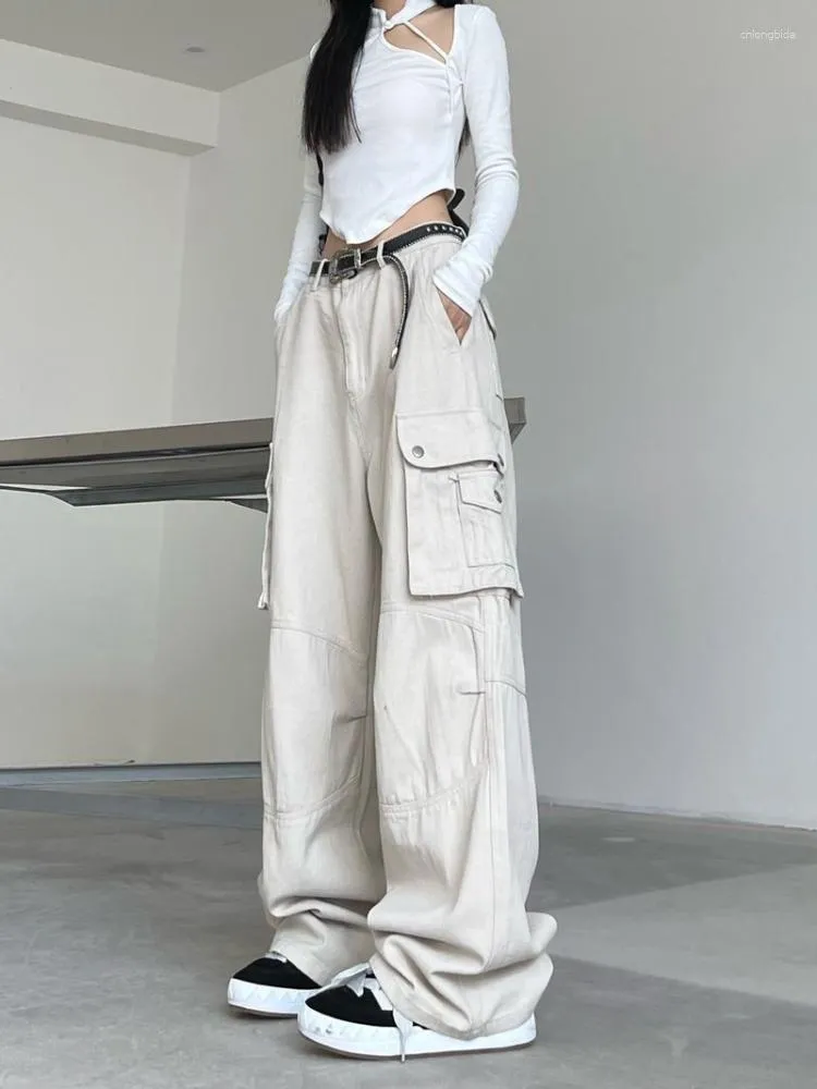 HOUZHOU Techwear Harajuku Beige Cargo Jeans Vrouwen Retro Y2K Streetwear Oversize Zwart Wijde Pijpen Denim Vrouwelijke Hippie Broek