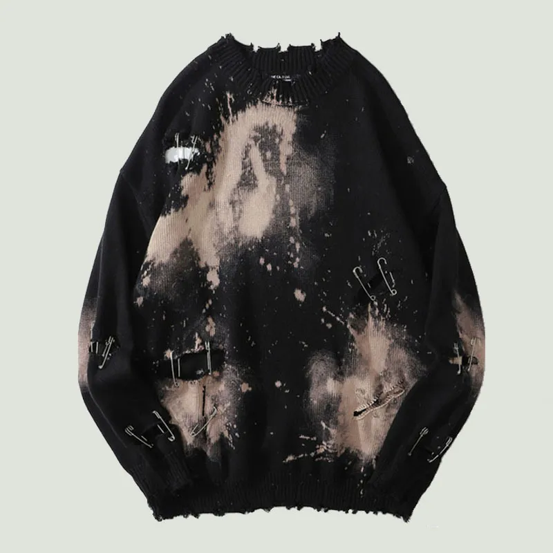 Mannen Truien Tie Dye Pins Ripped Verontruste Vernietigd Gaten Breien Hip Hop Streetwear Pullover Trui Oversized Zwart Tops 230809