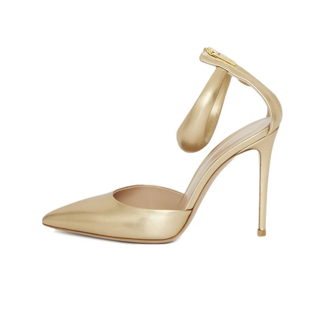 Sandales À Talons En Cuir En Cuir Féminin En Or Toe Pointu, Sangle