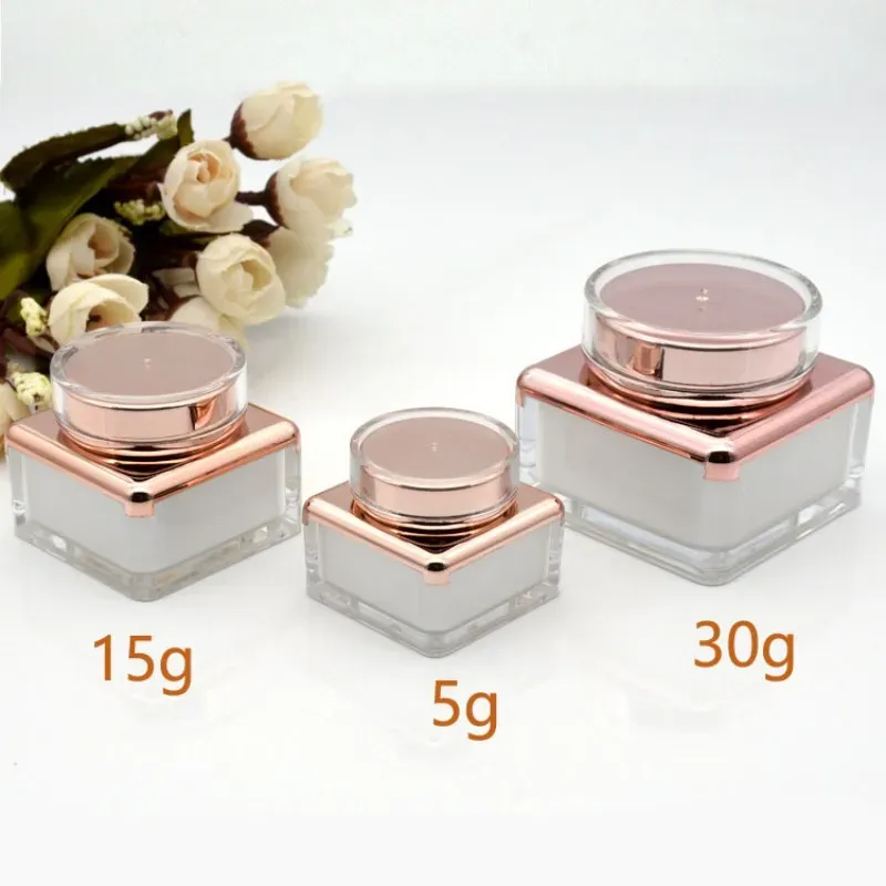 wholesale 5 15 30ML Upscale Clear Jars Square Acrylic Jars With Gold Lid White Liner Plastic Empty Cosmetic Sample Containers Plastic Pot LL