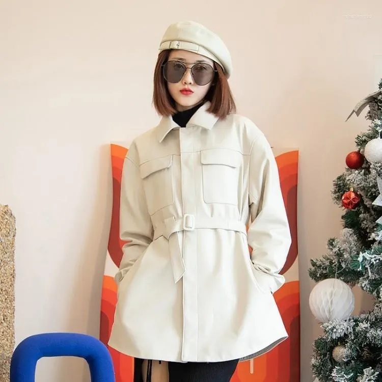 Women's Leather 2023 Autumn Women Belted Slim Fit White Sheepskin Genuine Jacket Motorcycle Mid Long Coat Office Ladies Casual Oute