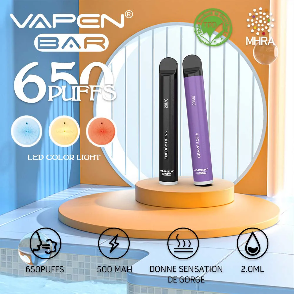 Vapes одноразовые затяжные батончики 650 Puffs Ondosable E Сигареты 2,0 мл емкости 20 мг 2%NIC 500MAH Батарея CIGS PRAPORIZE