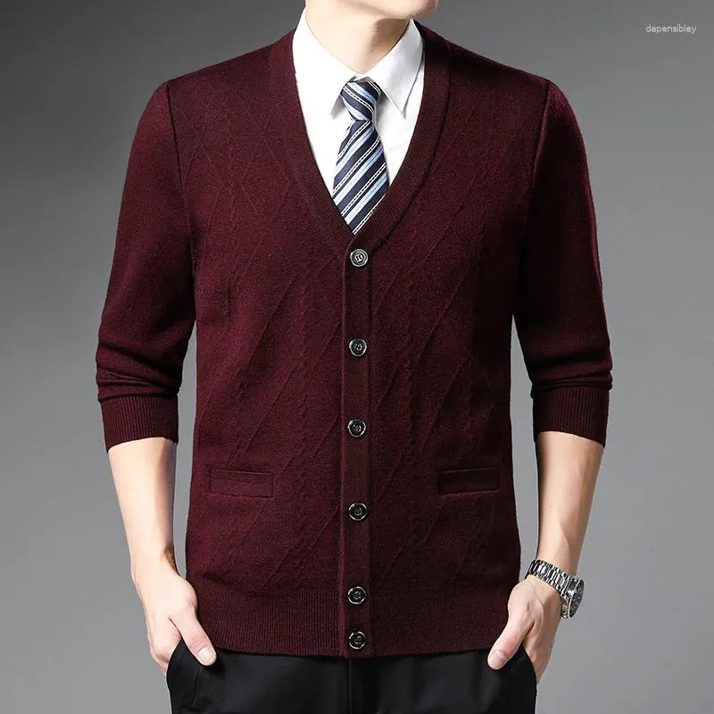 男性用セーター秋のカーディガンソリッドカラー格子縞のファッションビジネスカジュアルニットセーター暖かいVネック男性