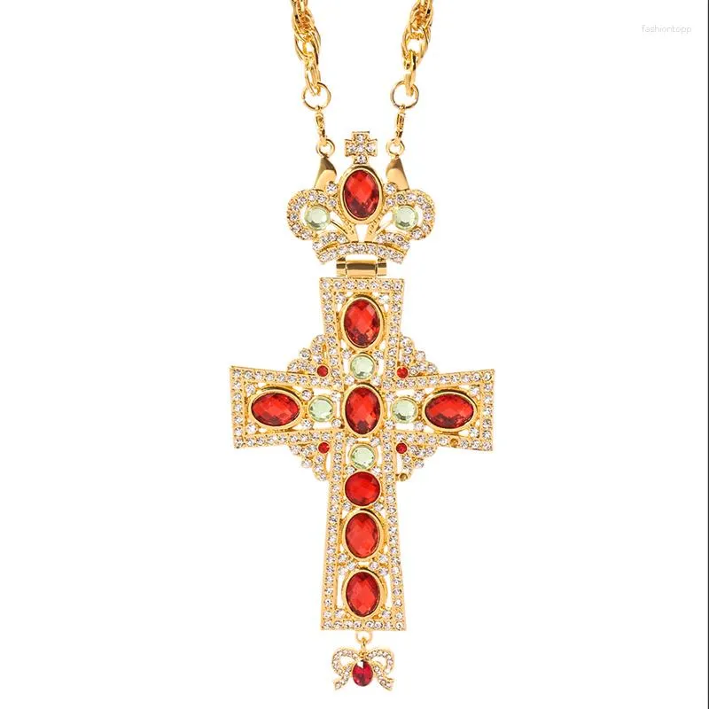 Pendant Necklaces Religious Jesus Cross Pendent Necklace Christian Catholic Celtic Large Red Rhinestone Gold Color Chain