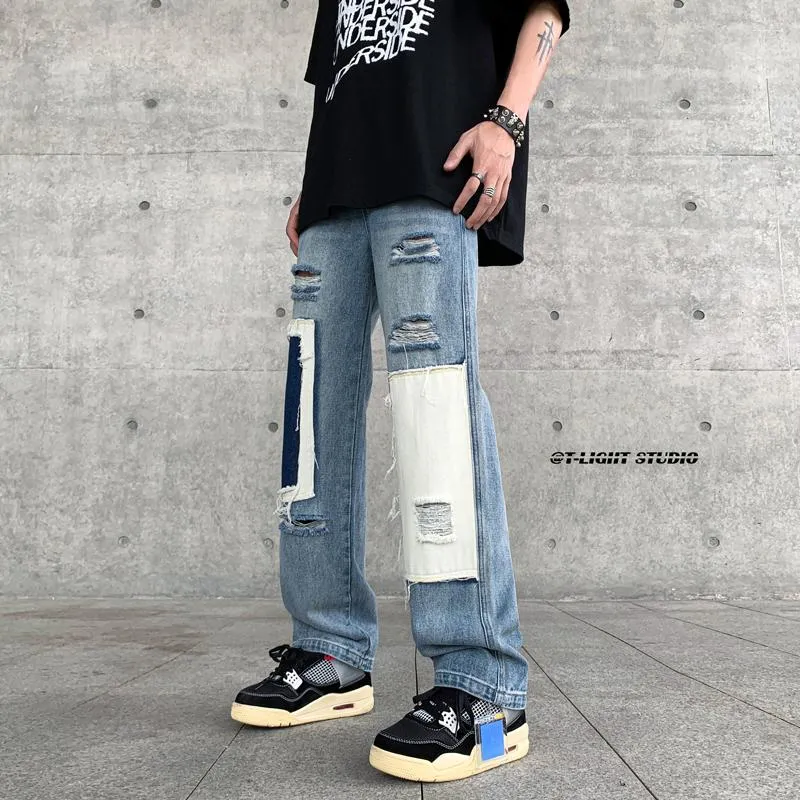 Jeans da uomo Casual Hip Hop Cotone Gamba dritta Strappato American High Streetwear Pantaloni larghi e larghi in denim Pantaloni patchwork giovanili