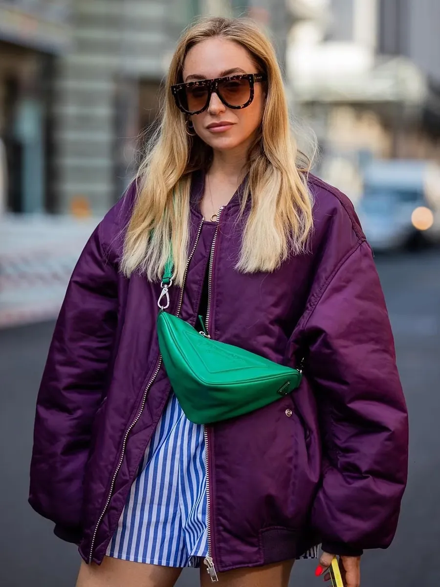 Vrouwen Jassen TRAF Vrouwen Bomber Mode Winter Casual ONeck Jassen met Zakken Vrouwelijke Chic Paars Bovenkleding In 230808