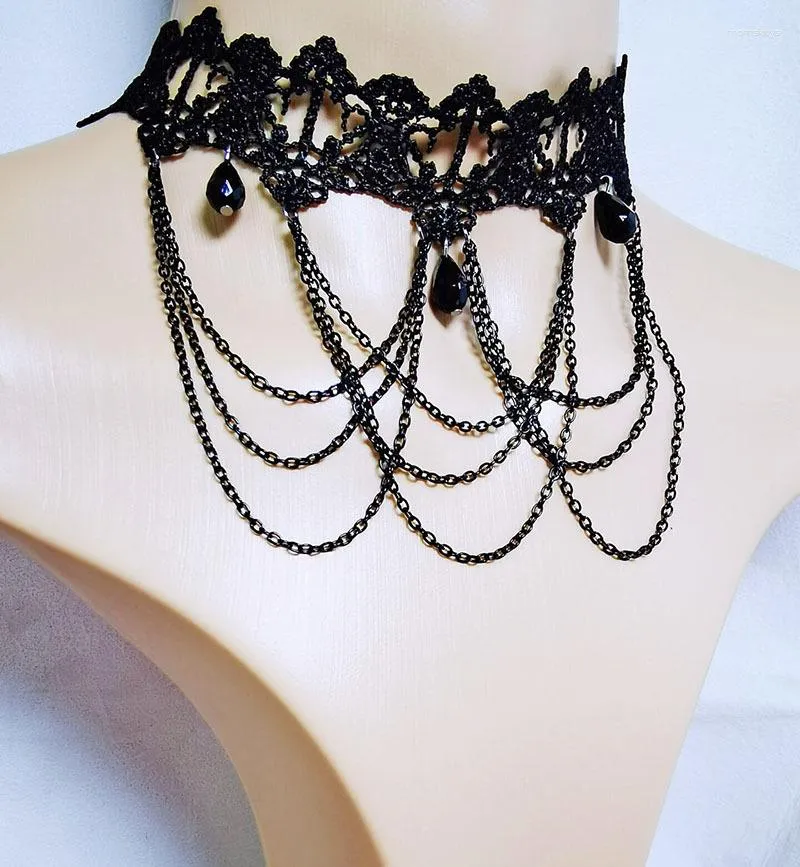 Gothic Black Lace Choker Necklace With Crystal Tassel For Women