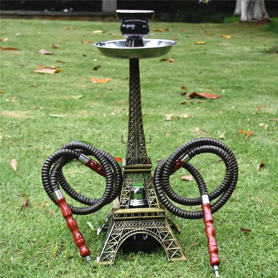 Paris Tower Metal Shisha Hookah Podwójny wąż z ceramiką Miska węgiel drzewny Szkiegi Shisha Plate Hakah Acrylic Base Chicha Nargile HKD230809