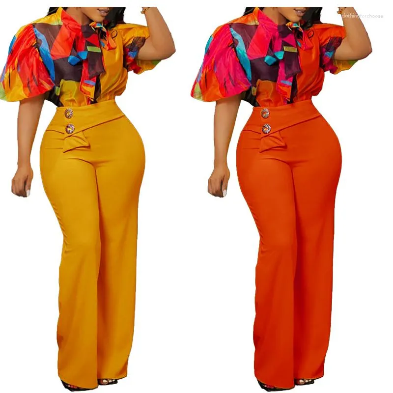 Pantalon deux pièces pour femmes costumes d'affaires élégants femmes été imprimé col montant chemise à manches longues haut jambe large Cocktail élégant ensemble