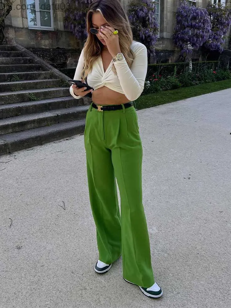 Pantalon Capri 2024 pour femmes Verte droite taille haute taille elegante pantalon