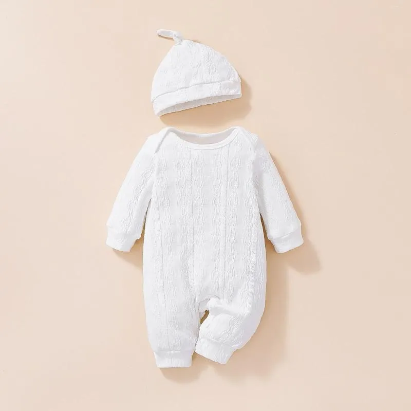 Conjuntos de roupas para bebês meninos outono e inverno conjunto de macacão manga longa gola redonda chapéu estampado branco puro