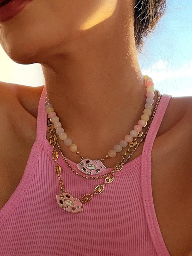 Chains Europe And America Funny Pink Lips Inlaid With Morganite Coffee Beans Pig Nose Necklace