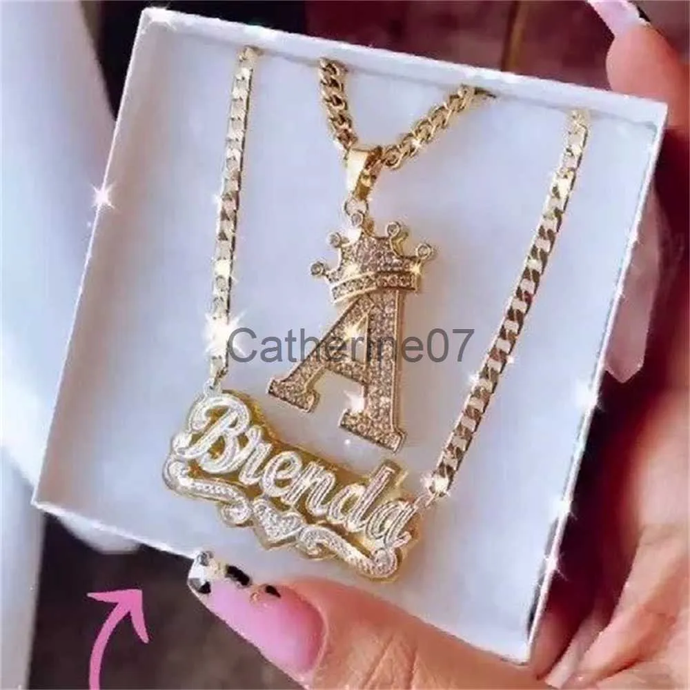 Pendant Necklaces 3D Nameplate Two Color Necklace For Women Personalized Double Layer Necklaces With Heart Customized Name Stainless Steel Jewelry J230809