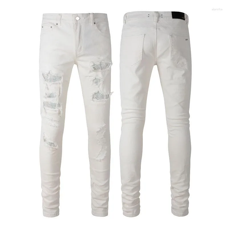 Jeans da uomo Uomo Jean High Street Vintage Pantaloni lunghi elastici Skinny Diamonds Scava fuori Bianco Hip Hop Streetwear Casual