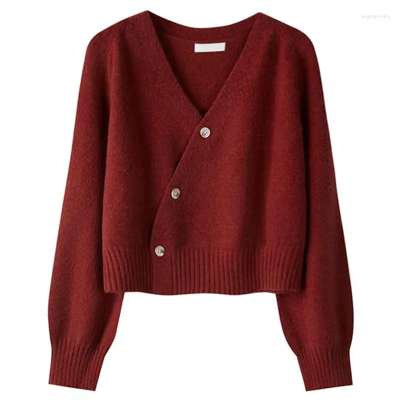女性のセーター斜めのバックル2023秋/春の小さなセーターニットカーディガンショートジャケットバーガンディデザインセンス