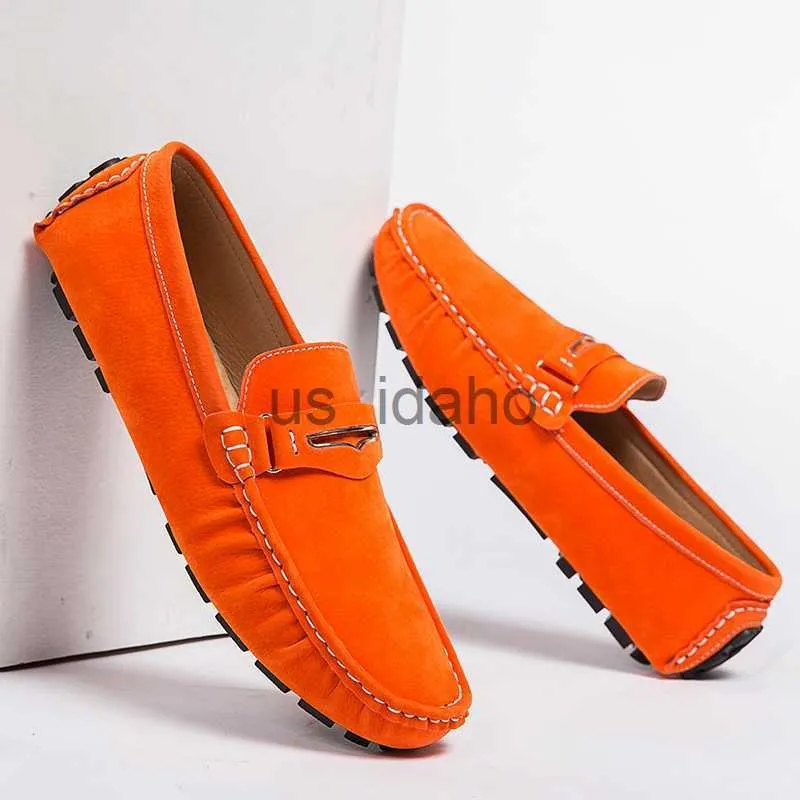 Klädskor weh mäns loafers platta mockasins män skor läder mocka loafers hög kvalitet bekväm andningsbar slip på skor orange blå j230808