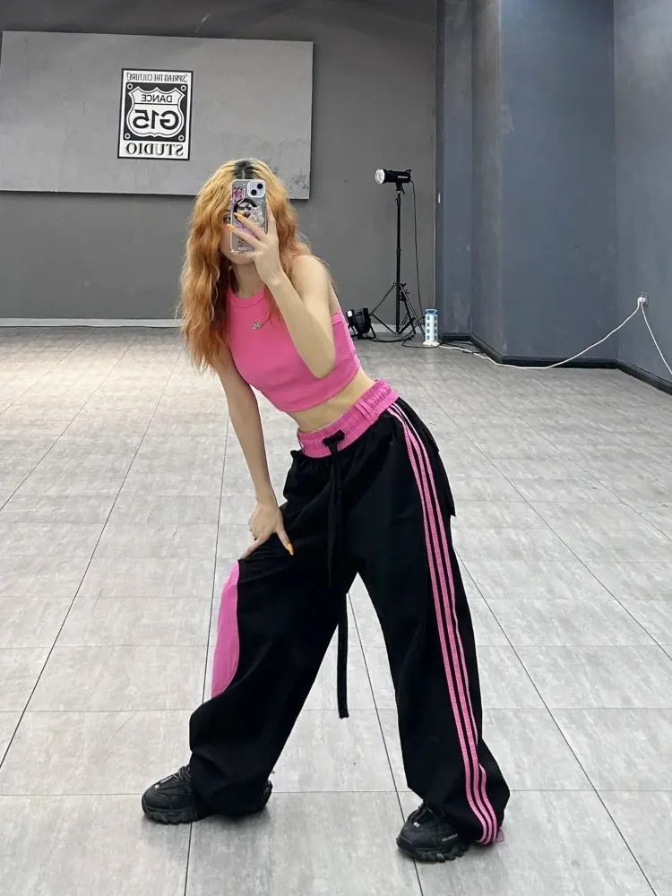 レディースパンツCapris Houzhou Y2K KPOP PINK PATCHWORK SWEATPANTS女性ヒッピーストリート